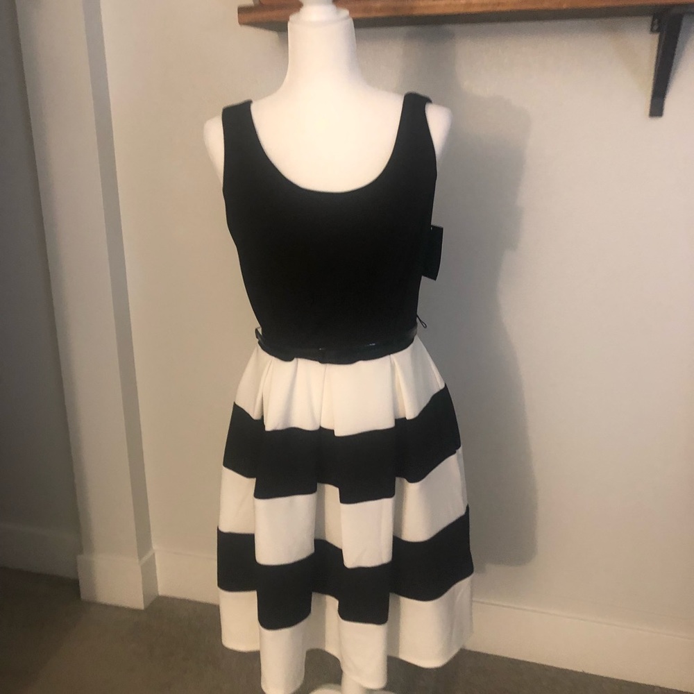 Boston Proper black & white skater dress w/belt. New w/tag size 8.